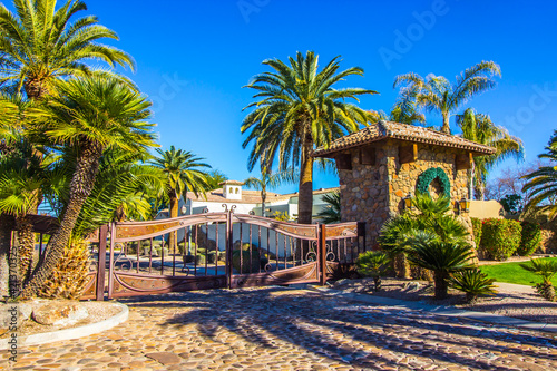 Entry Gate With Cobblestone Drive Surrounded By Palm Trees