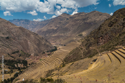 winding roads and terraced mountainside of the Sacred Valley in Urubamba in Peru