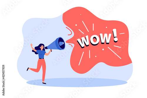 Woman shouting wow message into loudspeaker. Person with megaphone attracting attention flat vector illustration. Business advertising, information concept for banner or landing web page