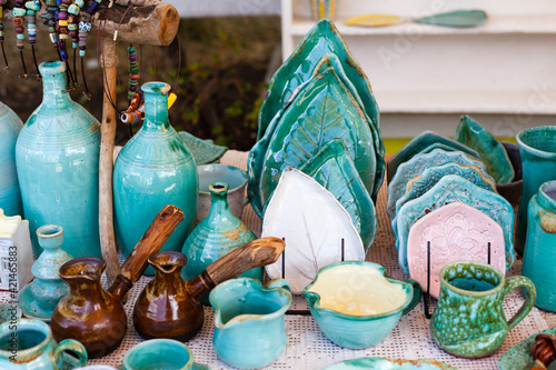 ceramic tableware, tea-set, handmade fair, blue porcelain teapot, porcelain decorations, jugs, vessels, clay pot