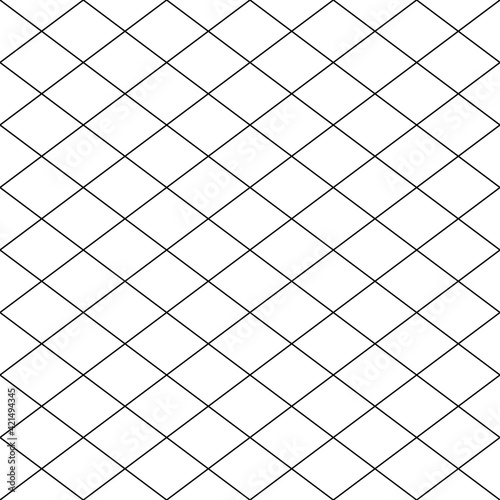 Simple cross grid paper. Cell seamless pattern. Background diagonal squared grating. Criss cross line. Geometric checkered texture. Repeated pattern crisscross net. Repeating square mesh grid. Vector 