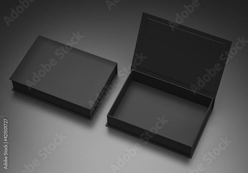 Black blank hard cardboard rectangular book box mock up template for branding presentation, 3d render