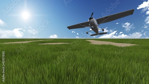 3D illustration - cinemagraph - green field with airplane in background