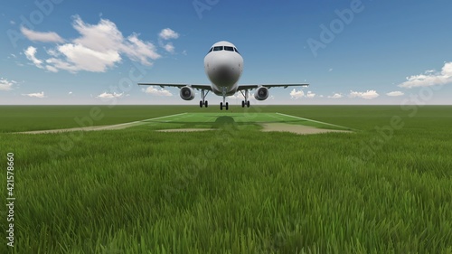 3D illustration - cinemagraph - green field with airplane in background