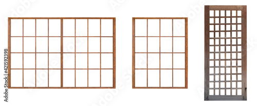 Japanese house wooden door window frame isolated on white background