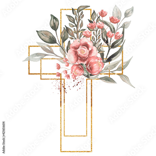 Watercolor hand painted Floral Cross Clipart, Easter Religious greenery illustration, Baptism Cross clip art, Holy Spirit clipart, golden frame