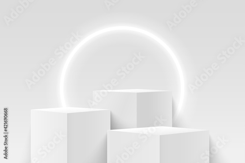 Abstract vector rendering 3d shape for products display presentation. Modern white and grey cube pedestal podium with empty room and circular neon background. Minimal wall scene.