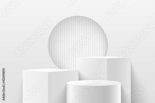 Abstract vector rendering 3d shape for advertising products display with copy space. Modern white and grey geometric podium with empty room background. Minimal studio room concept. Vector illustration