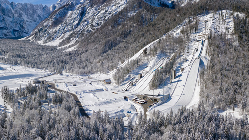 Aerial view of Ski Jump in Planica, Slovenia at Ratece near Kranjska gora in winter with snow.