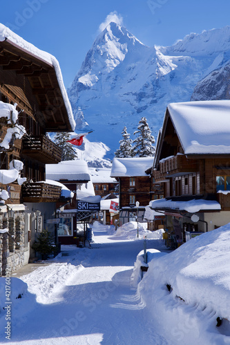 Panorama of Bernese Alps with Mountain Peak Eiger, seen from Mürren, Switzerland.