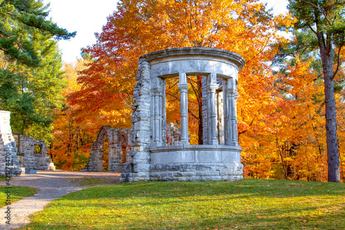 Fall colours behind the Abbey Ruins at the MacKenzie King Estate in Gatineau Park