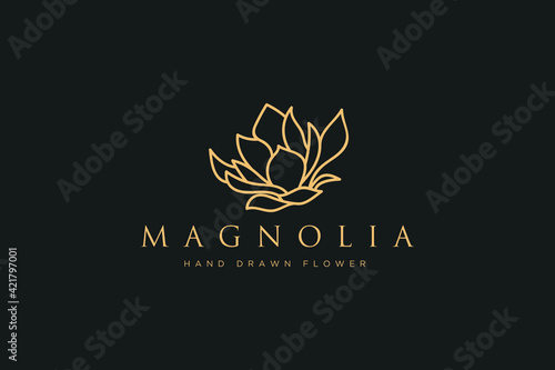 Hand drawn vector magnolia flowers logo illustration. Floral wreath. Botanical floral emblem with typography on white background