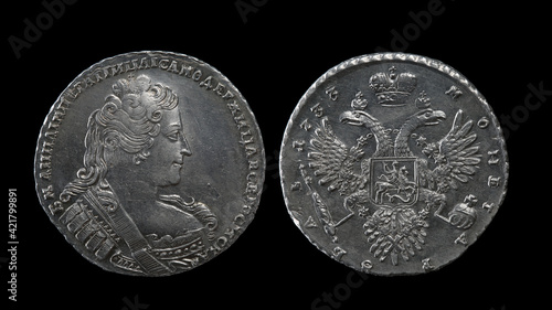 Russia Russian Empire silver coin 1 one rouble 1732 of Empress Anna Ioannovna isolated on black