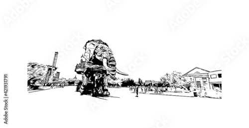 Building view with landmark of Nantes is the city in France. Hand drawn sketch illustration in vector.