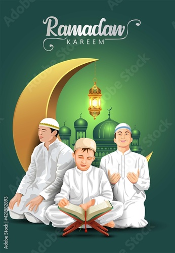 ramadan kareem and eid Mubarak greetings. Islamic group of people reading Quran vector illustration design