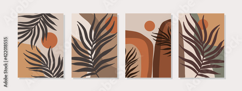 Abstract landscape set with geometric shapes, sun, tropical leaves in mid century modern style