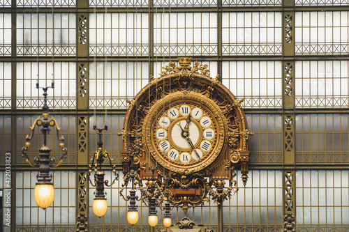 June 16, 2015: Musee dOrsay Clock, Victor Laloux, Main Hall of Musee dOrsay in paris, france, on the Left Bank of the Seine. It is housed in the former railway station built between 1898 and 1900.