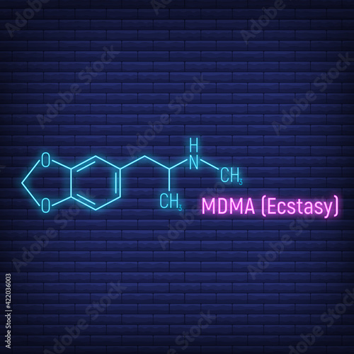 MDMA ecstasy glow neon style concept chemical formula icon label, text font vector illustration, isolated on wall background. Periodic element table.