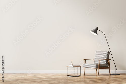 Beige living room interior with armchair and parquet floor, mockup
