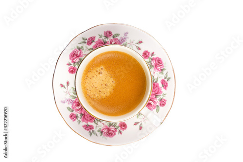 espresso coffee cup with saucer, top view, isolate