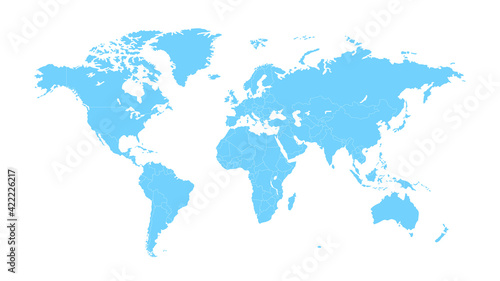 World map on white background. World map template with continents, North and South America, Europe and Asia, Africa and Australia 