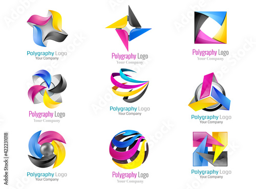 Set colorful abstract 3d icons design sign. Color logo cmyk print polygraphy abstract butterfly colorful flyer black background.