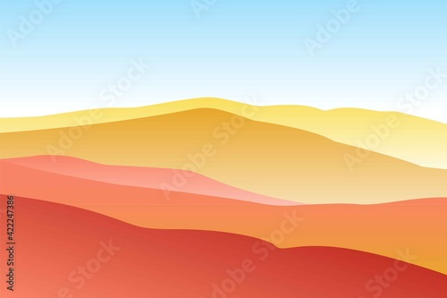 Landscape with waves. Blue sun set sky. Yellow, orange, pink and red mountains silhouette. Sandy desert dunes. Nature and ecology. Horizontal orientation. For social media, post cards and posters