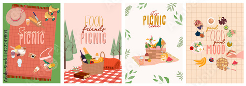Summer picnic poster or invitation cards set with tasty food and leisure things. Outdoor active rest. Editable vector illustration.