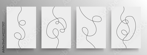 Set of minimalist black continuous line artistic design for cover and poster or wall decoration, vector. Flow lines abstract art.