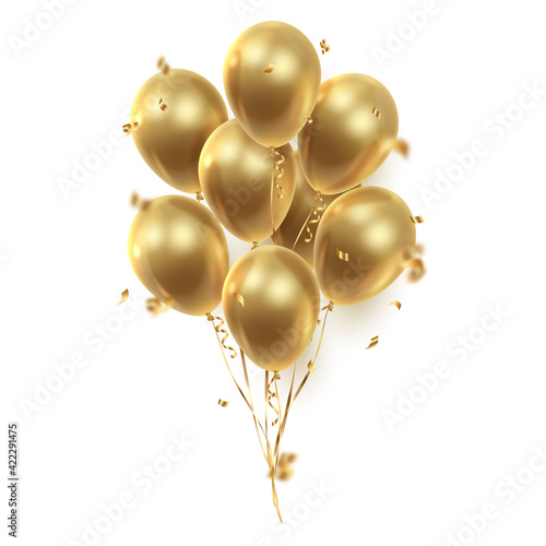 Bouquet, bunch of realistic golden ballons and ribbons, serpentine, gold confetti. Vector illustration for card, party, design, flyer, poster, decor, banner, web, advertising. 