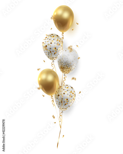 Bouquet, bunch of realistic golden ballons, transparent with confetti, serpentine, paper circles and ribbons. Vector illustration isolated on white background.