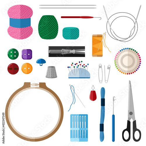 Set for handmade on white background. Kit for handicraft embroidery hoops, threads, yarn, needles,, thimble, buttons, pins, scissors, slider in style flat.