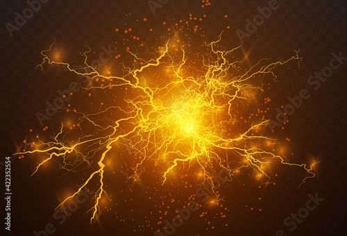 Realistic lightning bolts on a black transparent background. the charge of energy is powerful.Accumulation of electric orange and blue charges.A natural phenomenon. Magic effect. Lightning PNG. 