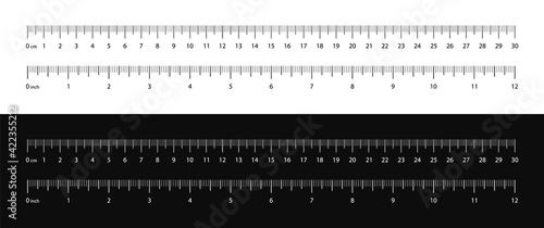 Measuring scale black and white, marking for ruler, marks for tape measure, thermometer scale. Set of scale 30 cm 12 inch. Measuring tool. Vector illustration EPS 10