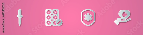 Set paper cut Pipette, Pills in blister pack, Medical shield with cross and Heart icon. Paper art style. Vector