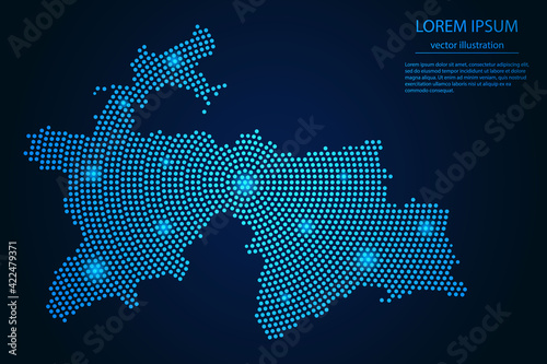 Abstract image Tajikistan map from point blue and glowing stars on a dark background. vector illustration.