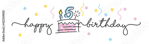5th Birthday party handwritten typography lettering Greeting card with colorful big cake, sparkle firework, number, candle and confetti