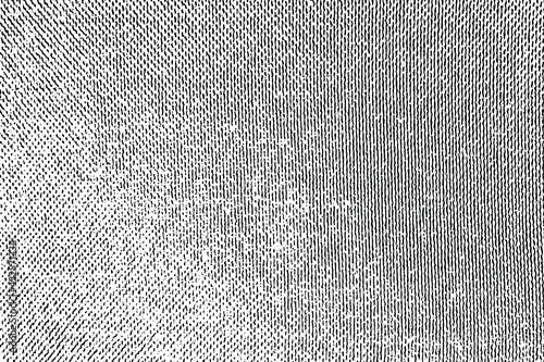 Grunge semitone coarse fabric texture. Monochrome background of old rough textiles with halftone, vertical stripes, noise and graininess. Overlay template. Vector illustration