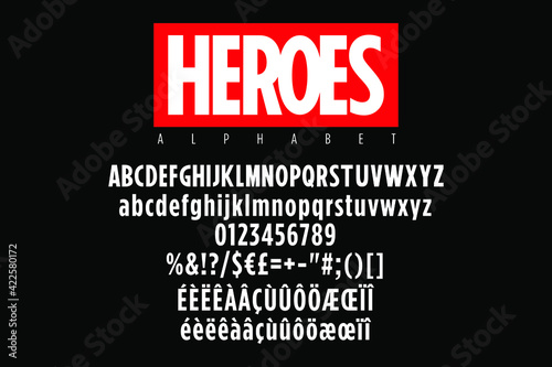 Bold condensed alphabet with red sticker for super heroes titles. Vector typography illustration