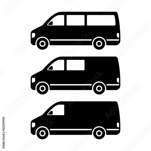 Set of minibuses icon. Small van. Black silhouette. Side view. Vector simple flat graphic illustration. The isolated object on a white background. Isolate.