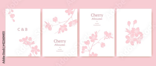 Set of spring backgrouds with sakura branch. Cherry blossoms. Design for card, wedding invitation, cover, packaging, cosmetics.