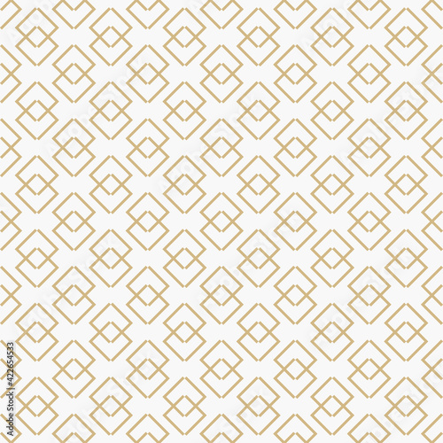 Golden vector abstract geometric pattern with linear shapes, rhombuses, diamonds. Stylish minimal gold and white geo texture. Subtle modern luxury background. Repeat design for decoration, print, web