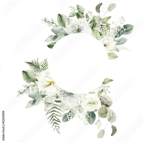Watercolor floral wreath of greenery. Hand painted frame of white flowers, green eucalyptus leaves, forest fern, gypsophila isolated on white background. Botanical illustration for design, print