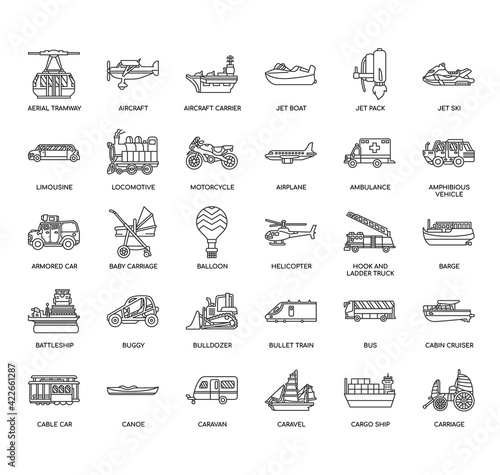 Set of vehicle thin line and pixel perfect icons for any web and app project.