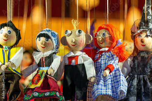 Traditional handmade wood strings puppets and marionettes for sale in prague as souvenir, Prague, Czech Republic.