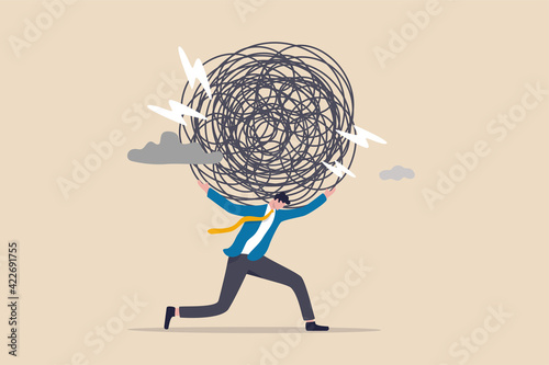 Stress burden, anxiety from work difficulty and overload, problem in economic crisis or pressure from too much responsibility concept, tried exhausted businessman carrying heavy messy line on his back