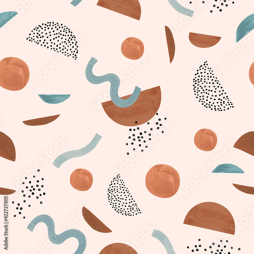Abstract geometric shapes seamless pattern. Watercolor minimal waves, circles background
