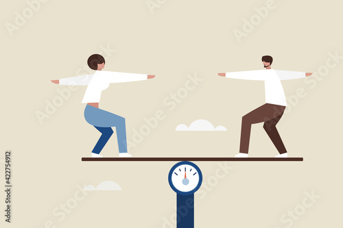 Conceptual illustration of a man and woman balancing on a level to represent gender equality