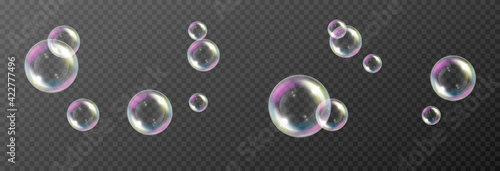 Vector soap bubble. Realistic soap bubble png, glare. Foam bubbles png. Powder, soap, detergent. Vector image.