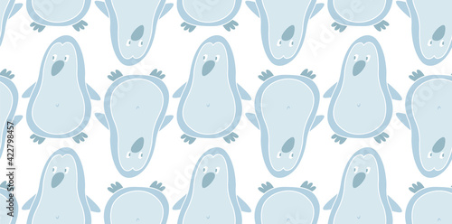 Cool and cute seamless pattern with blue penguins. Baby print for t-shirt, cover, personal diary, album, book, plate or cup. Background for poster, gift card, store signs with funny animals and birds.